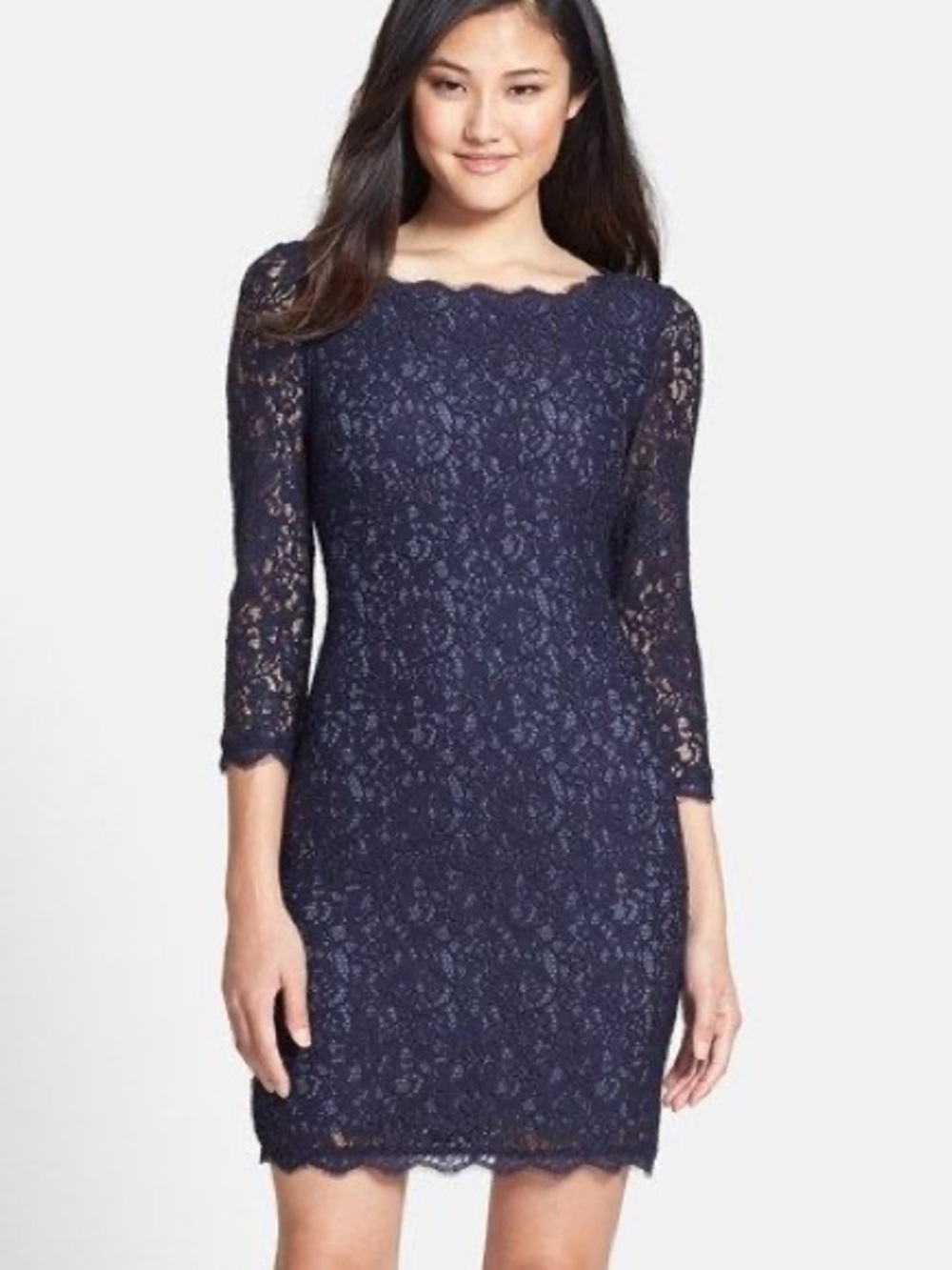Adrianna Papell Size 4 Petite Navy Lace Sheath Dress with Scallop Neckline